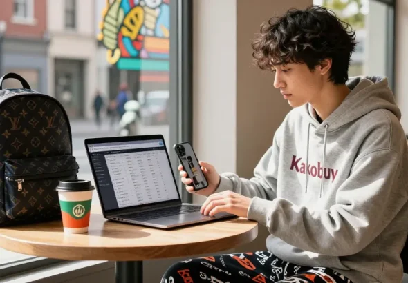 Young adult reviewing the Kakobuy spreadsheet amidst urban café vibes.