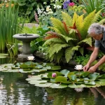 Pond Plants arranged beautifully in a tranquil garden pond, showcasing vibrant water lilies and lush greenery surrounding the water.
