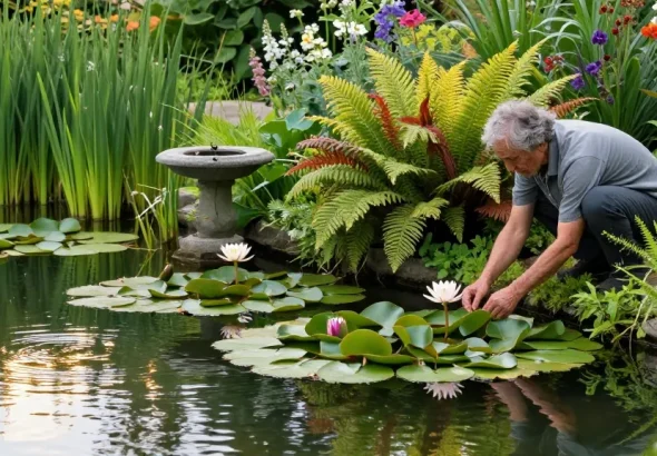 Pond Plants arranged beautifully in a tranquil garden pond, showcasing vibrant water lilies and lush greenery surrounding the water.