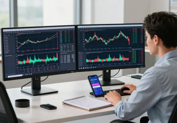 trader using mt5 in a high-tech workspace analyzing multi-asset market trends