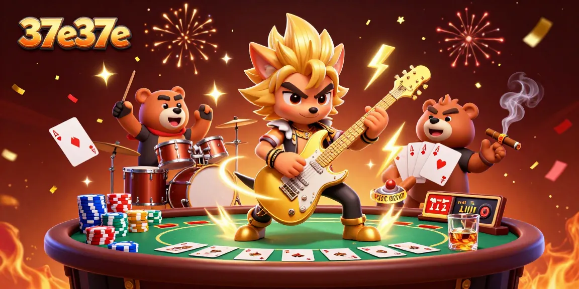 37e37e traz uma cena animada de um lobo rock star e um urso baterista celebrando em um palco de cassino.
