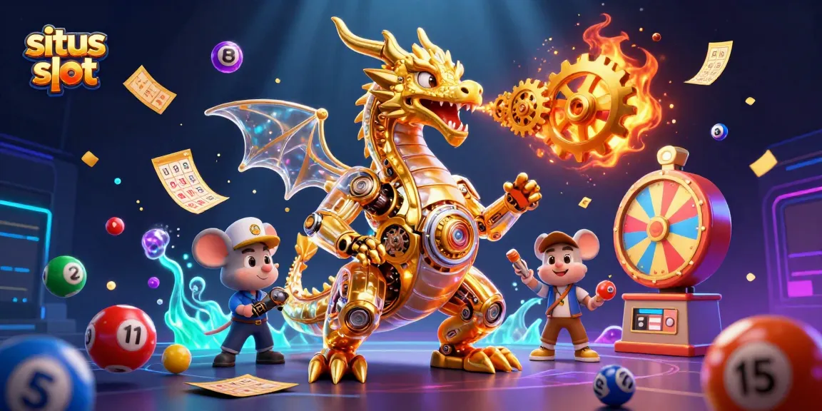 Engage in situs slot excitement with a golden dragon, vibrant lottery elements, and a dynamic casino scene.
