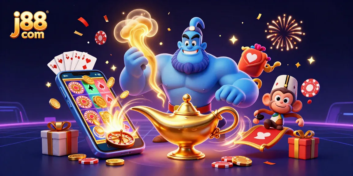 Engage in thrilling casino games at j88 com with a dynamic 3D illustration showcasing excitement and fun.