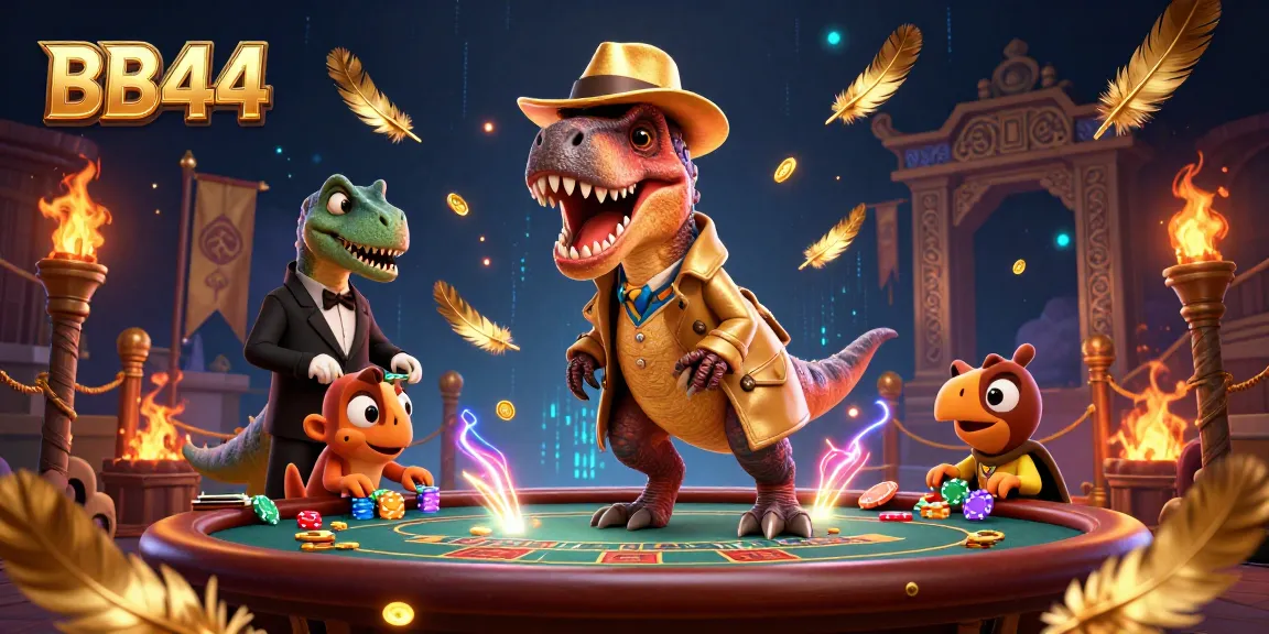 BB44 features a velociraptor card counter and stegosaurus pit boss in a vibrant casino scene.