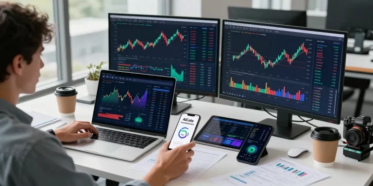 AiCoin用户在现代办公室中使用多设备实时分析市场数据，显示K线图和交易信息，专注于精准的市场洞察。