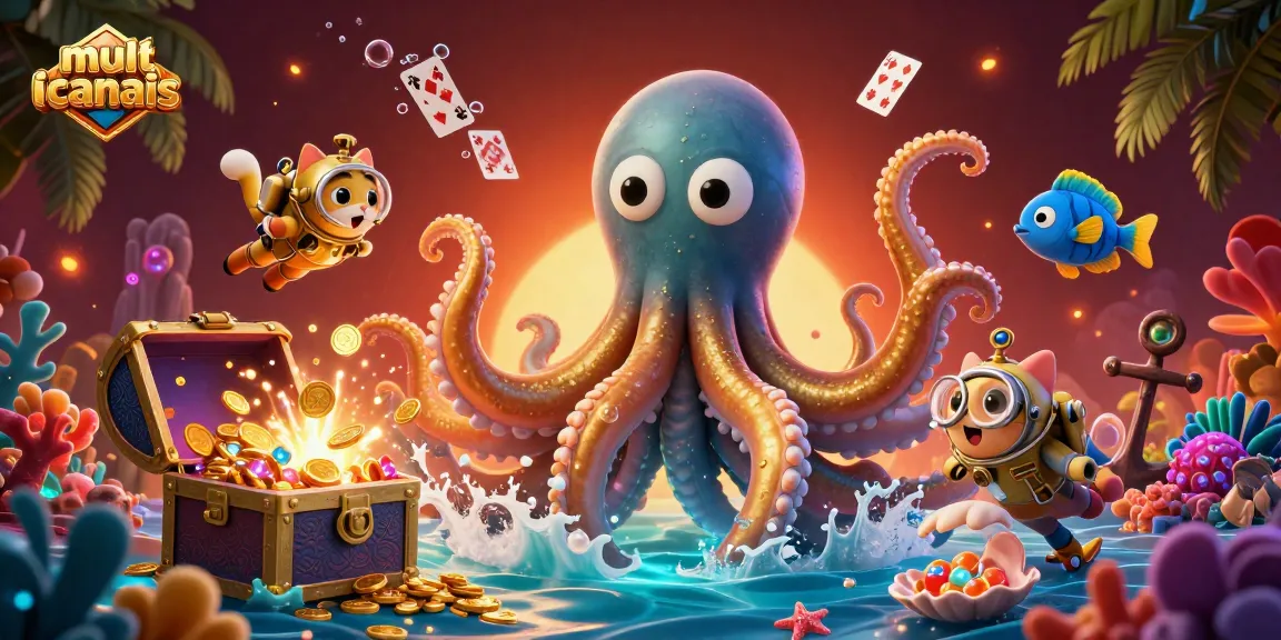 Experience the thrill of multicanais with a vivid 3D kraken scene filled with treasure and excitement.