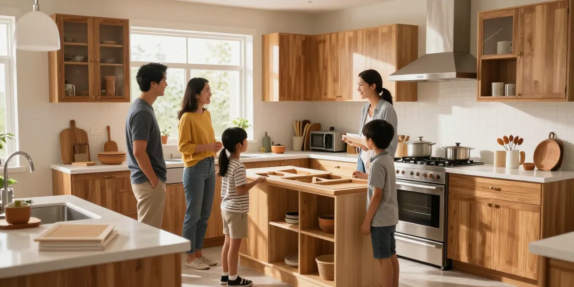 شراء مطابخ مستعملة بالرياض featuring a family evaluating a used kitchen set in a bright inviting atmosphere.
