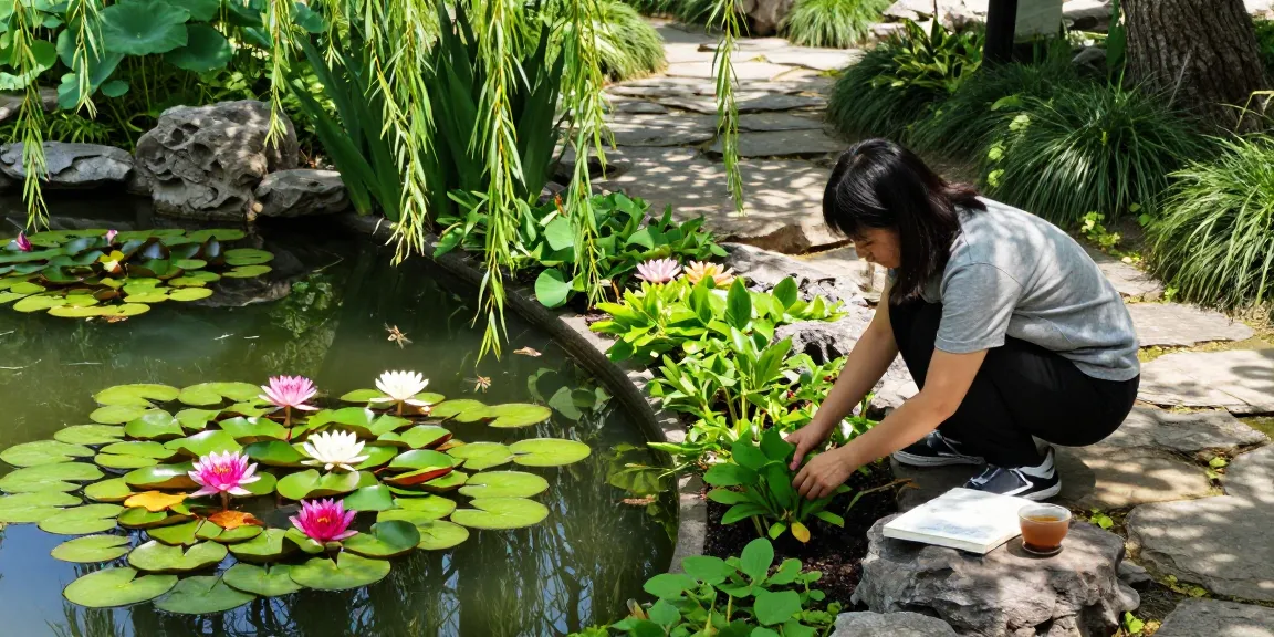 Pond Plants flourishing in a tranquil garden pond with vibrant water lilies and a person planting aquatic flora.