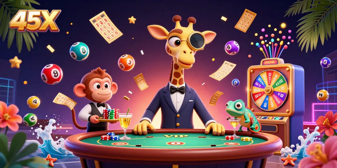 Experience thrilling action with the 45X giraffe playing poker, surrounded by vibrant lottery elements