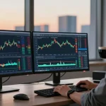 Traders using MetaTrader 4 for forex analysis in a modern office workspace.