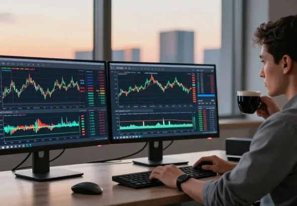 Traders using MetaTrader 4 for forex analysis in a modern office workspace.