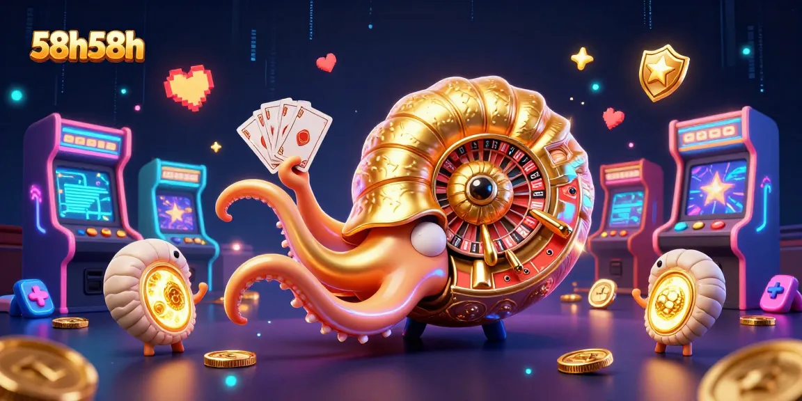 Ilustração 3D do naútilus gigante da 58h58h jogando cartas entre máquinas de arcade brilhantes.