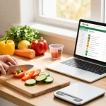 Healthy meal prep scene featuring the best food tracking app on a laptop among fresh vegetables and fruits.