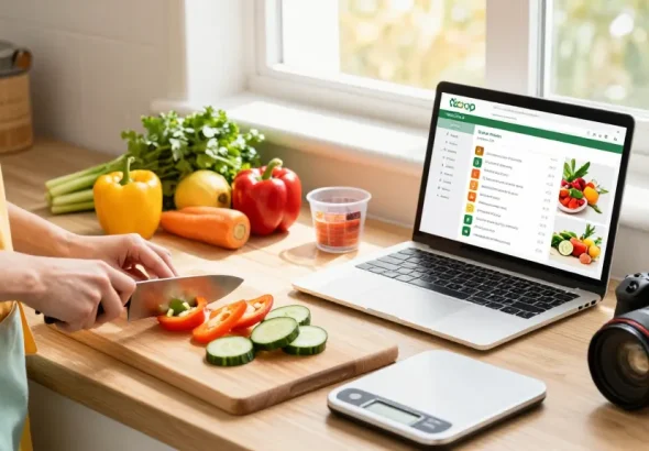 Healthy meal prep scene featuring the best food tracking app on a laptop among fresh vegetables and fruits.