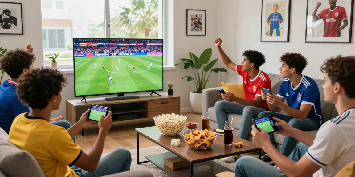 Friends enjoying a soccer match in their living room, showcasing sports enthusiasm for ihdsports.com.