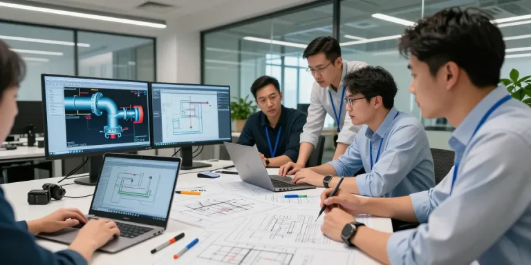 Piping Stress Analysis USA engineers collaborating on advanced project in modern workspace with blueprints and simulations.
