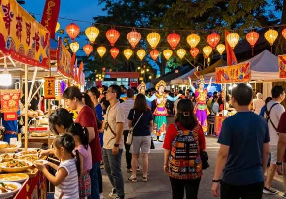A lively cultural festival featuring diverse attendees celebrating Asian traditions at https://hanadultalk.com, showcasing food, arts, and performances.