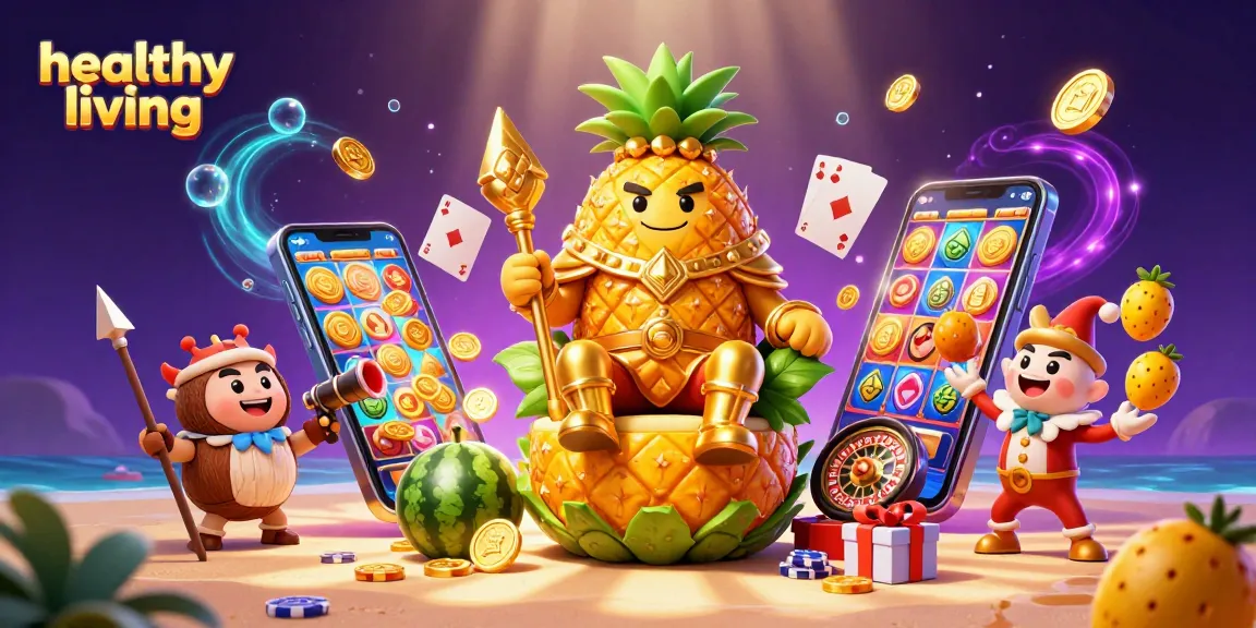 Experience healthy living through vibrant casino gaming, with golden pineapple king and lively elements.