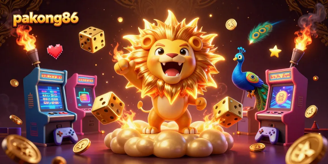 Experience pakong86 with a triumphant lion, golden dice, and vibrant gaming elements.