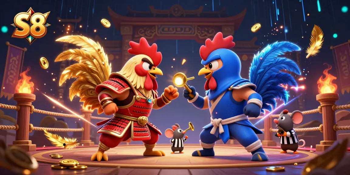 S8 showcases dynamic roosters in combat with vibrant casino elements and golden feathers, enhancing the gaming experience.