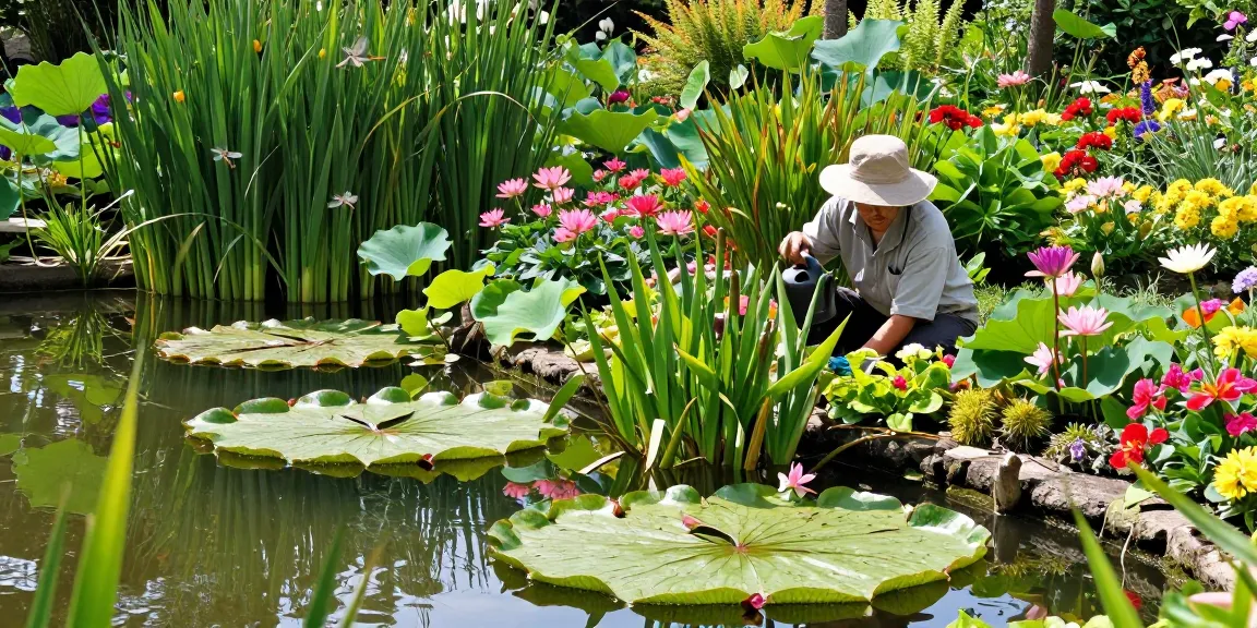 Pond Plants being tended in a vibrant garden, featuring lilies and lotuses.