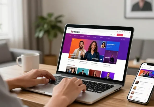 Engaging digital scene showcasing سكس زنوج content with a relaxed user exploring diverse categories on a laptop.