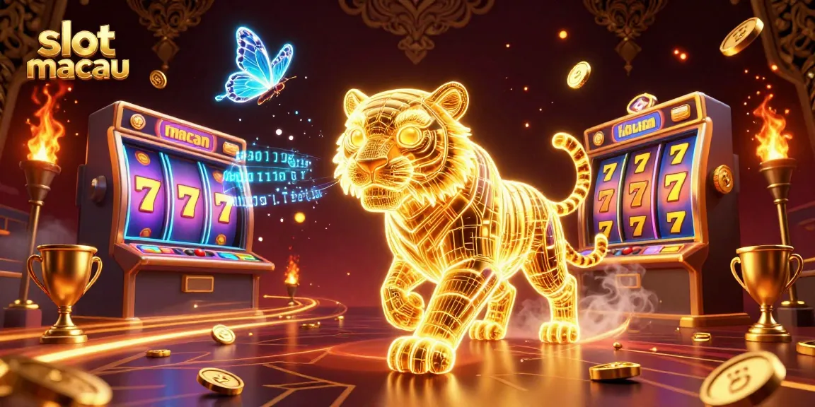 Engaging scene featuring a neon-wireframe golden tiger in a digital casino representing slot macau with dynamic slot game elements.