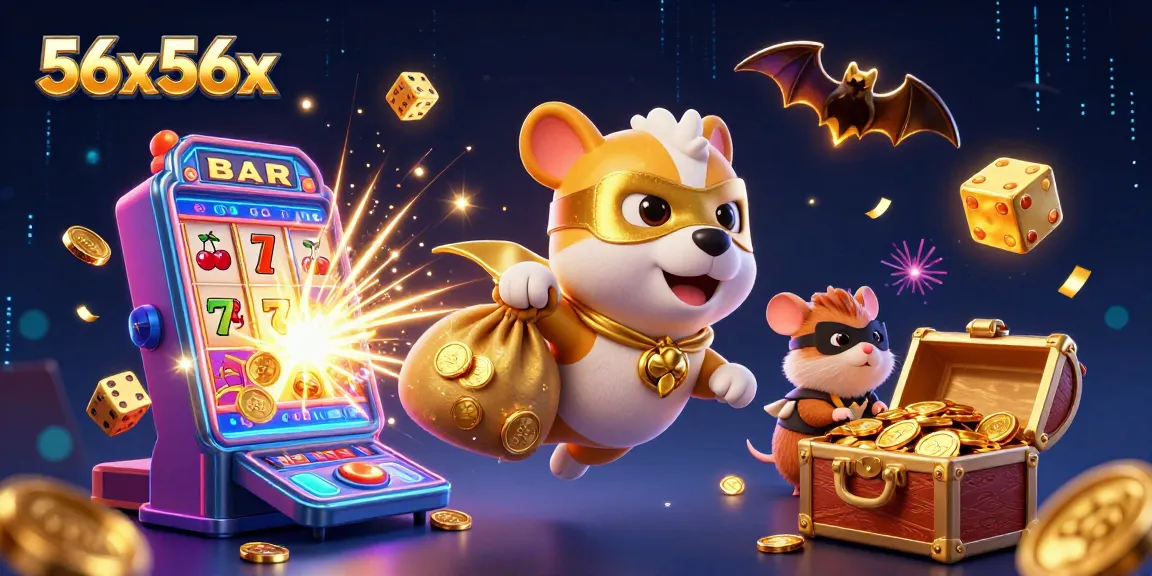 52x56x traz aventura e diversão com cachorro e hamster em cassino repleto de símbolos de sorte.