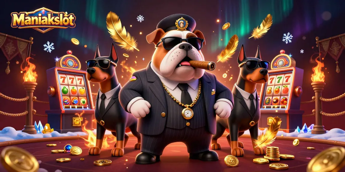 Spin the reels with Maniakslot featuring a mafia boss bulldog and bodyguard Dobermans in a vibrant casino.