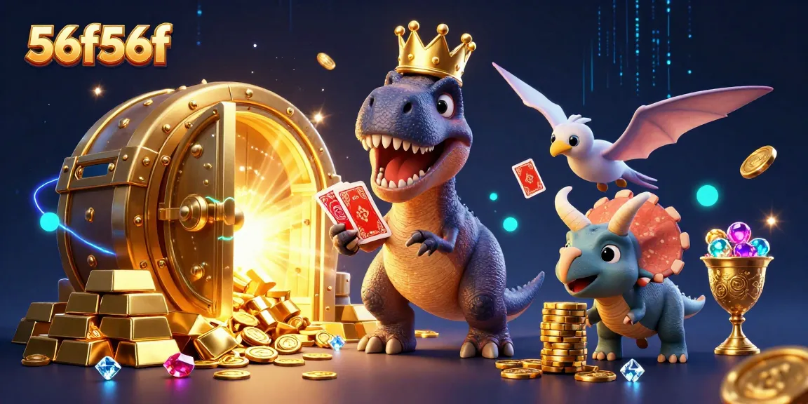 Jogue e ganhe com 56f56f enquanto um dinossauro divertido embaralha cartas e empilha fichas douradas.