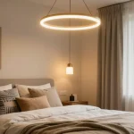 Lustra dormitor modernă în cameră confortabilă, iluminat cald și decor elegant.