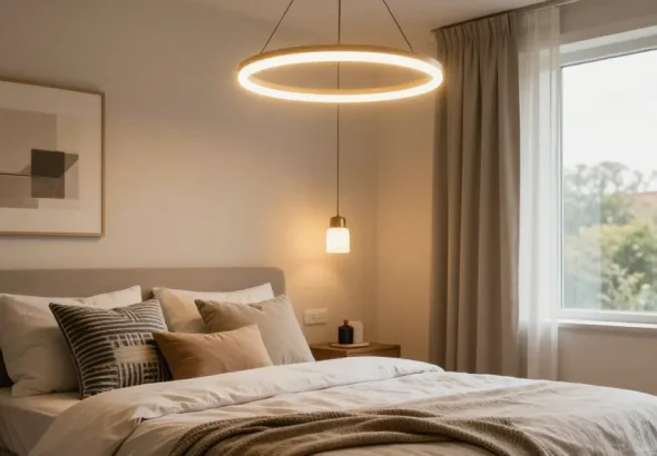 Lustra dormitor modernă în cameră confortabilă, iluminat cald și decor elegant.