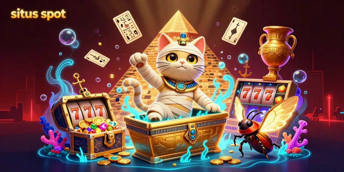 Situs slot showcases a vibrant scene with an Egyptian mummy cat and a scarab beetle amid a whirlwind of spinning slot reels and winnings.