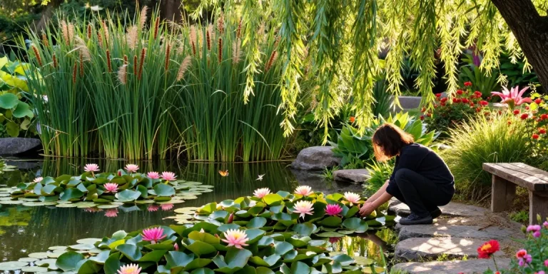 Pond Plants flourishing in a tranquil garden pond with water lilies and lotus flowers.