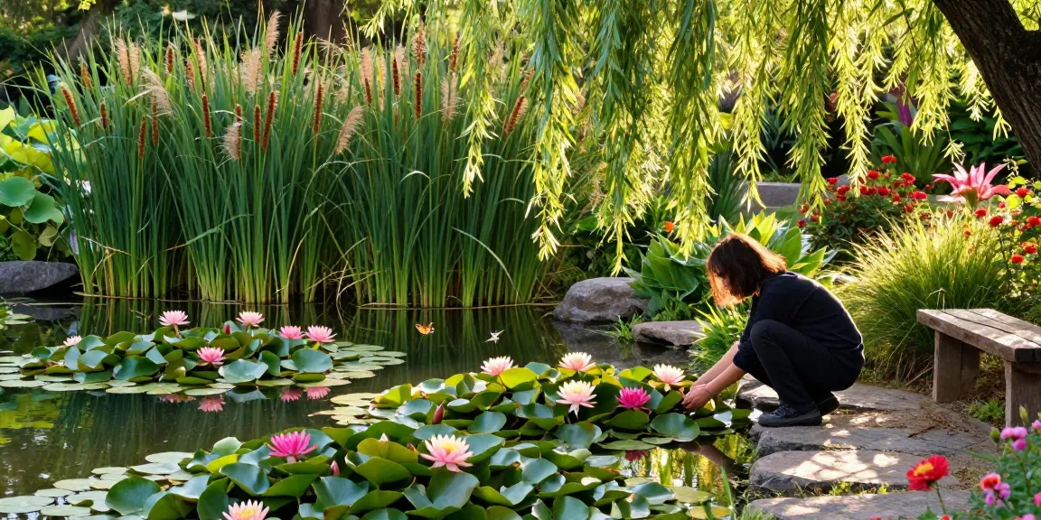 Pond Plants flourishing in a tranquil garden pond with water lilies and lotus flowers.