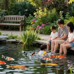 Pond plants thriving in a vibrant backyard pond garden with a family enjoying the serene atmosphere.