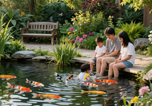 Pond plants thriving in a vibrant backyard pond garden with a family enjoying the serene atmosphere.