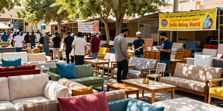 شراء أثاث مستعمل بالرياض at a bustling market with diverse furniture options and free transport services.
