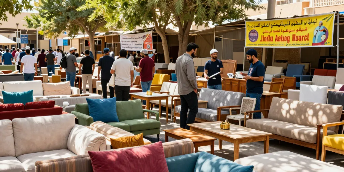 شراء أثاث مستعمل بالرياض at a bustling market with diverse furniture options and free transport services.